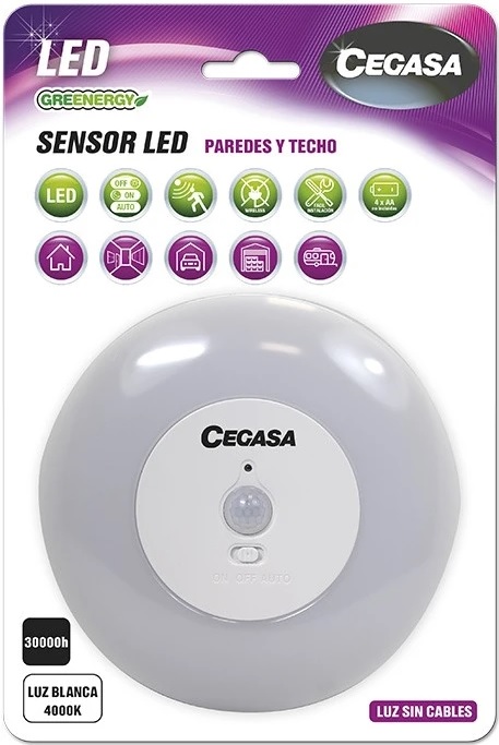 CEGASA LAMPARA LED C/SENSOR PAREDES Y TECHO 4XAA