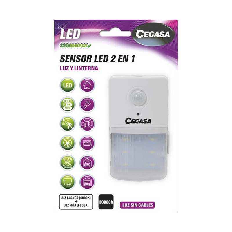 CEGASA SENSOR LED MOVIMIENTO LUZ Y LINTERNA 3XAAA