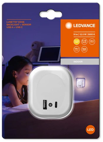 PILOTO NOCTURNO CON TOMAS USB A + USB C 12,5W 3000ºK 9lm